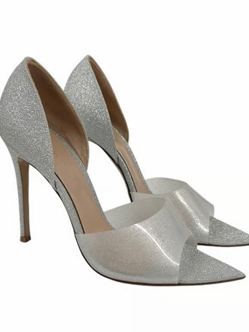 NEW Gianvito Rossi Transparent Glass Glitter Silver Peep Toe Heels Pumps 38